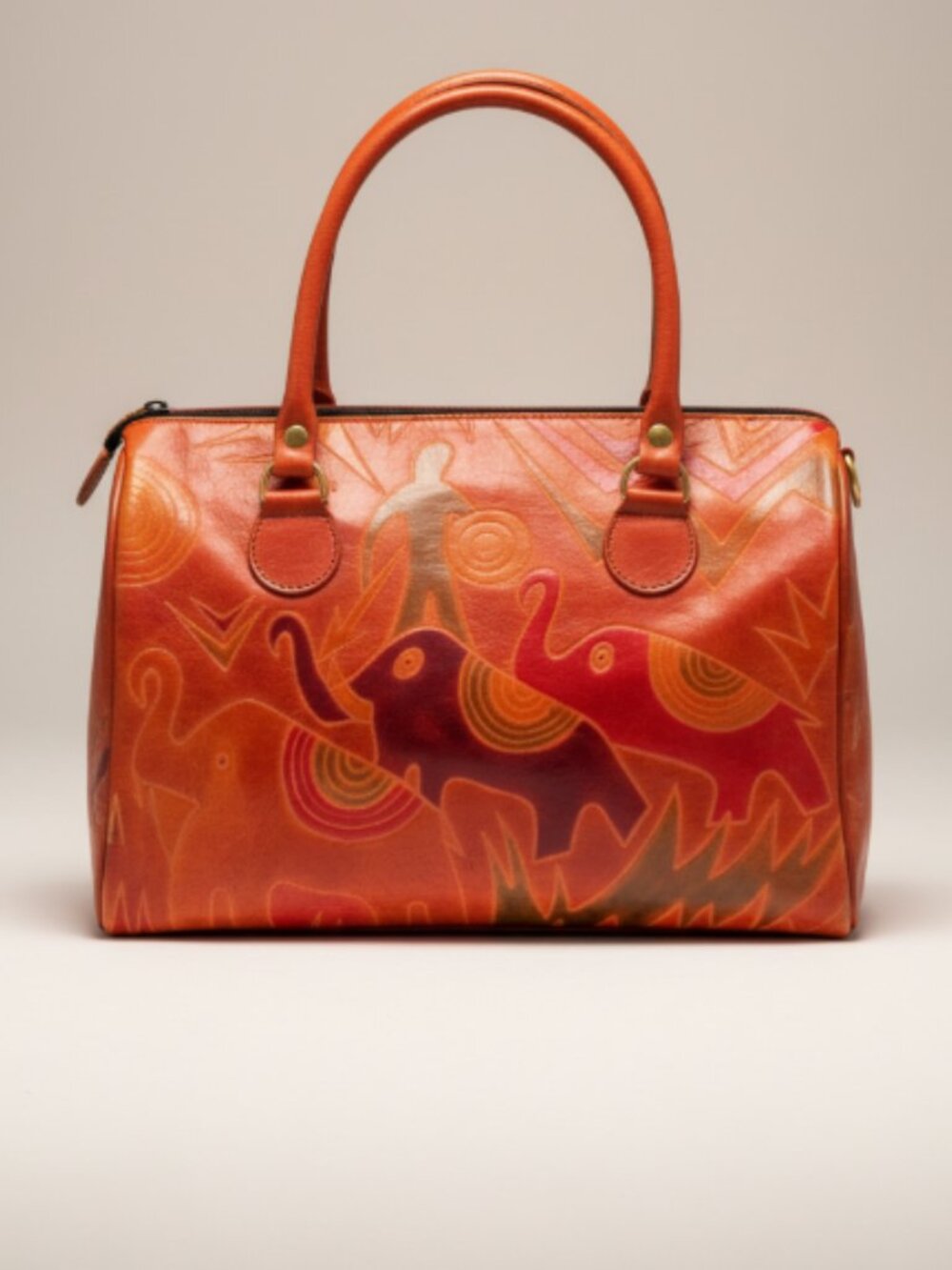 VTG Hand Painted Leather Elephant Satchel Bag India Boho Artisan Jungle Purse